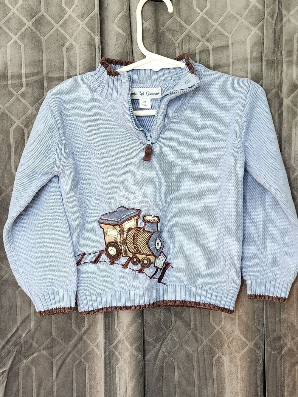 Light Blue Knit Half-Zip Sweater with Train Applique